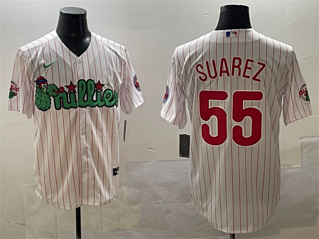 Men's Philadelphia Phillies #55 Ranger Suárez White Phanatic Cool Base Stitched Jersey Men's Philadelphia Phillies #55 Ranger Suárez White Phanatic Cool Base Stitched Jersey